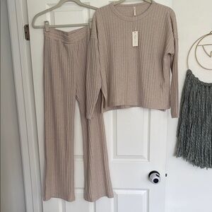 Rylee and Cru Women’s Cozy Beige Knit Sweater and Wide Leg Pants Pajama Set